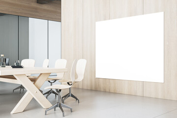 Modern contemporary meeting room interior with blank white mock up banner on wooden wall, table and chairs, decorative objetcs. 3D Rendering.