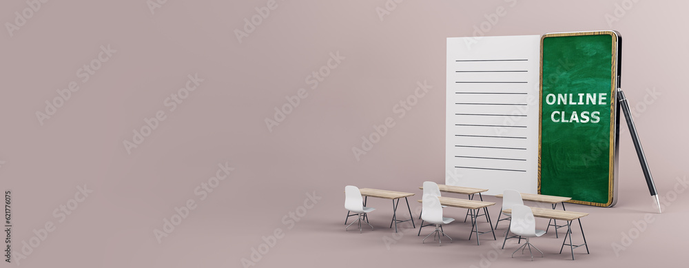 Aufkleber creative online classroom interior with chairs, tables, and abstract chalkboard notepad smartphone o