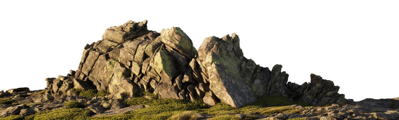 Rock mountain slope foreground close-up isolated on a transparent background. Element for matte painting, copy space. Generative AI.