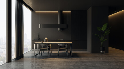 Modern black kitchen interior with panoramic windows, curtains and furniture. 3D Rendering.