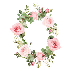 Fototapeta premium Floral wreath with delicate flowers and green leaves. Generated AI