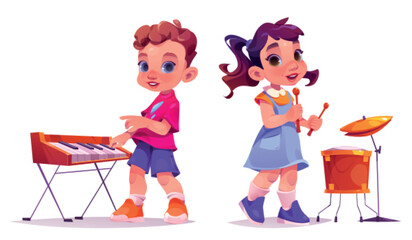 Boy and girl playing piano and drums isolated on white background. Vector cartoon illustration of happy children with music instruments performing at school concert, rehearsal before talent show