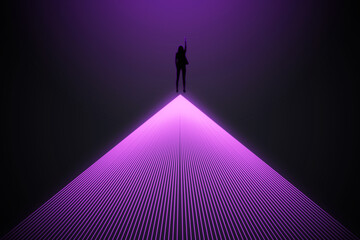Conceptual image of businesswoman silhouette on bright purple lines background. Success, metaverse...