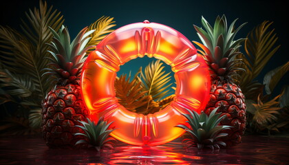 Summer time concept, swimming pool ring float with pineapples on a tropical environment 