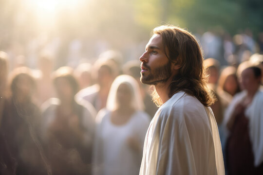 illustrational view of jesus christ in white clothes and loving peaceful faceteaching crowd, blurry people and light rays in background, generative AI