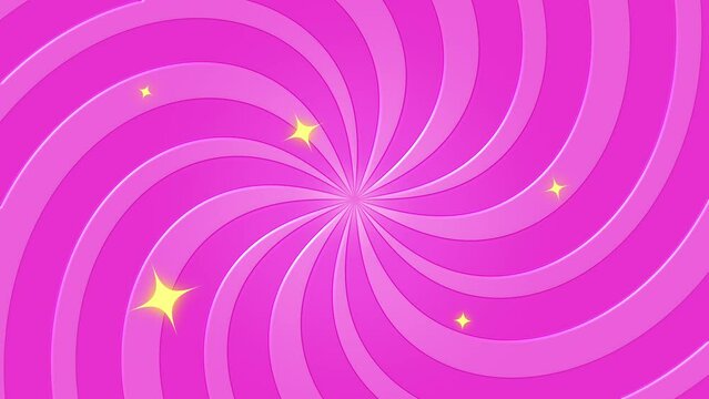 Pink retro rotating spiral background with yellow stars, abstract loop.