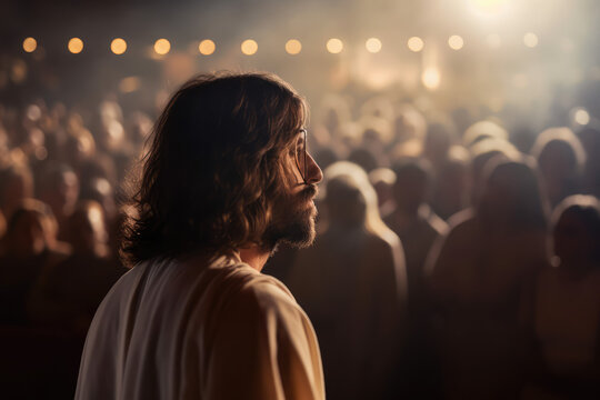 illustrational view of jesus christ in white clothes and loving peaceful faceteaching crowd, blurry people and light rays in background, generative AI