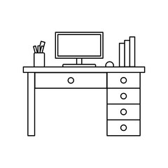 Office Workspace Computer Desk, Studying Table, Outline Vector Icon Illustration