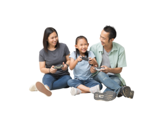 Happy asian family of father, mother and daughter play game joystick on floor, full body isolated on background