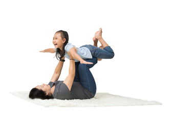 Happy family daughter play his mom on floor, isolated on background
