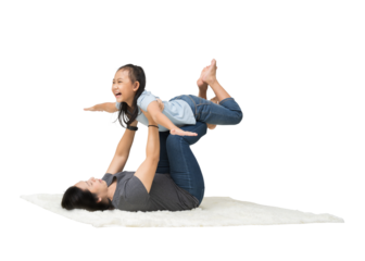 Happy family daughter play his mom on floor, isolated on background