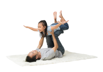 Happy family daughter play his dad on floor, isolated on background