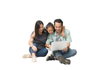 Happy asian family of father, mother and daughter using laptop computer on floor, full body isolated on background