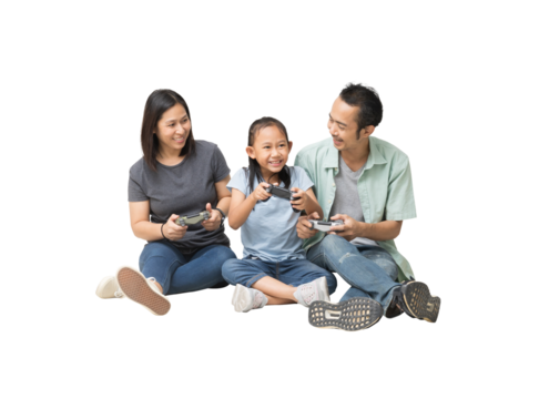 Happy asian family of father, mother and daughter play game joystick on floor, full body isolated on background - Powered by Adobe