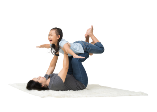 Happy family daughter play his mom on floor, isolated on background