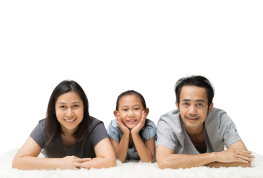 happy family portrait smiling young asian lying on floor have a fun time together, Full body isolated background