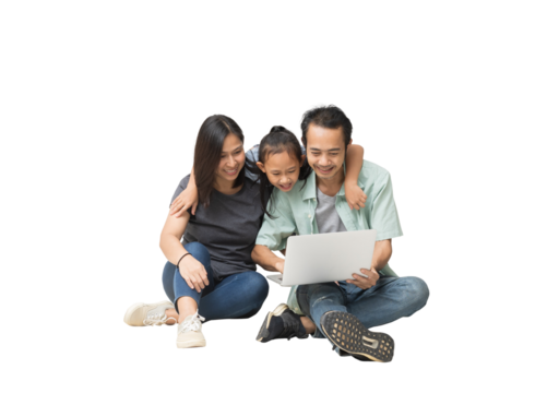 Happy asian family of father, mother and daughter using laptop computer on floor, full body isolated on background