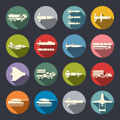 Modern armament flat vector icon set. Artillery, missiles, anti-aircraft systems icons. War weapons.