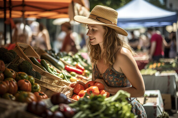 Attractive young girl buying fresh fruit at the sunday market - generative AI
