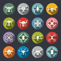 Quadcopter, drone flat vector icon set. Technology devices set.