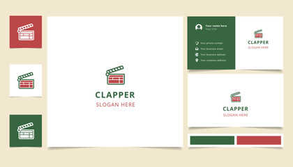 Clapper logo design with editable slogan. Branding book and business card template.