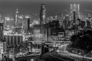 Plakat Aerial Night view of the city in Hong Kong in black and white