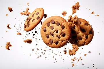 cookies with chocolate in the air on a white background