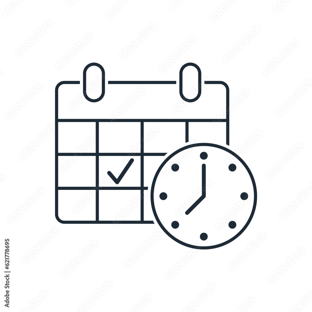Poster calendar with tick and clock. event duration. beginning, end of action. vector linear icon isolated 