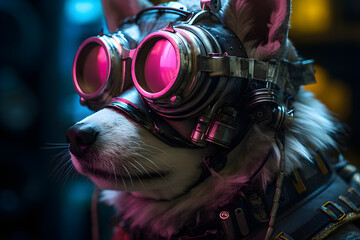 studio portrait of neon black light cyberpunk puppy with goggles