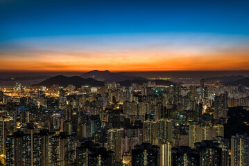 Aerial Night view during sunset of the city in Hong Kong 