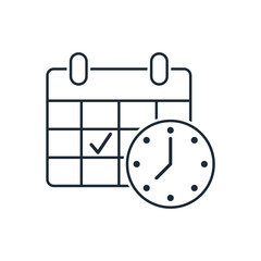 Calendar with tick and clock. Event duration. Beginning, end of action. Vector linear icon isolated on white background.