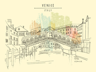 Vector Venice, Italy postcard. Famous Rialto bridge across Grand canal. Improved refined travel sketch. Artistic hand drawing. Vintage hand drawn postcard, poster, artistic book, booklet illustration