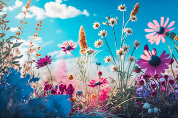 Naklejka na ściany i meble A beautiful flowery meadow in spring or summer. Nature concept. Generative AI