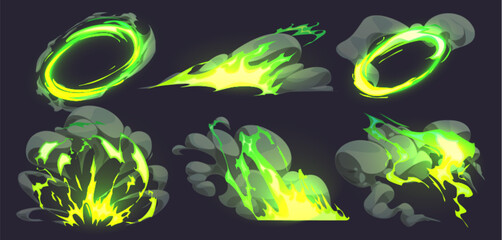 Toxic green comic fire with smoke effect cartoon illustration set. Bomb or energy explode with cloud flame after magician spell vfx icon. Boom explosion vortex clipart pack. Fantasy glow collection © klyaksun
