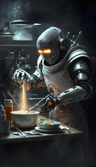 Robot chef cooks a dish in the kitchen. Generative AI
