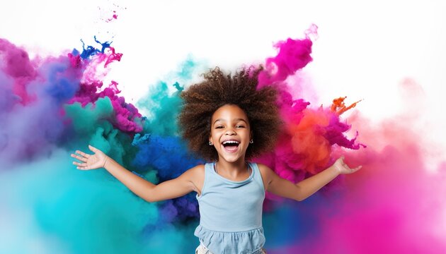 Happy black child smiling in a cloud of colorful smoke on a white background, having fun, colors,  color explosion, holi, LGBTQ+, party, peace, inclusive, beauty, freedom. Generative AI.