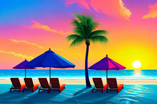 Sun loungers and beautiful sunset on the beach. © sriba3