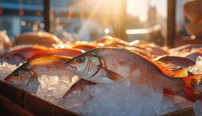 A vibrant scene at the harbor market, where a bustling fish stall proudly displays a bountiful stack of freshly caught fish, showcasing the local maritime bounty in all its splendor. Generative Ai.