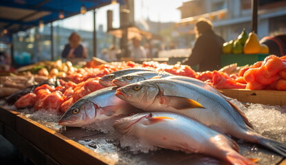 A vibrant scene at the harbor market, where a bustling fish stall proudly displays a bountiful stack of freshly caught fish, showcasing the local maritime bounty in all its splendor. Generative Ai.