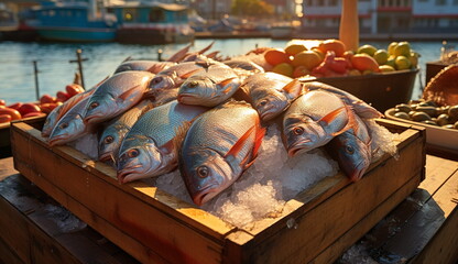 A vibrant scene at the harbor market, where a bustling fish stall proudly displays a bountiful stack of freshly caught fish, showcasing the local maritime bounty in all its splendor. Generative Ai.