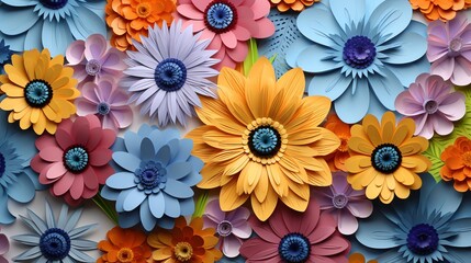 Fototapeta na wymiar 3d paper quilled flowers tile seamless. Sublimation design for mug or background