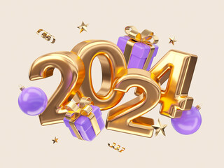 2024 New Year typography with gift boxes and decor elements. 3d rendering.