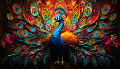 A stunning watercolor-style portrait of an elegant blue peacock. Based on Generative Ai.
