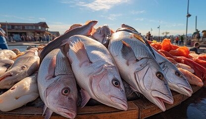 A vibrant scene at the harbor market, where a bustling fish stall proudly displays a bountiful stack of freshly caught fish, showcasing the local maritime bounty in all its splendor. Generative Ai.