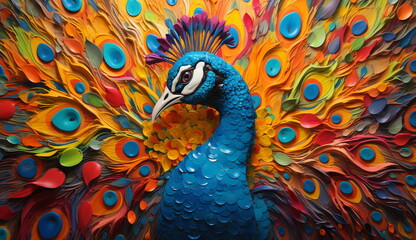 A stunning watercolor-style portrait of an elegant blue peacock. Based on Generative Ai.