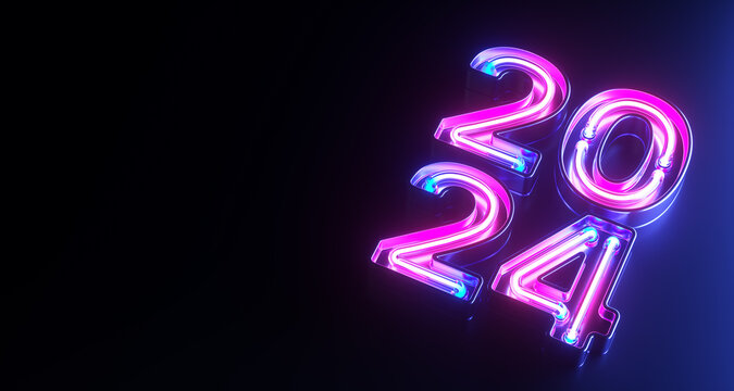 3d neon numbers 2024. New Year holidays background. 3d illustration.