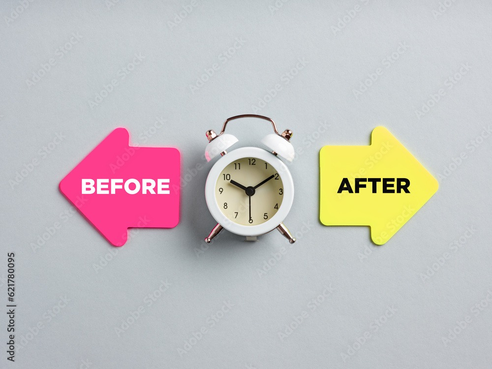 Poster before and after written on arrow note papers next to a clock.