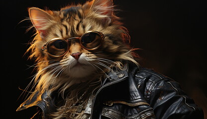 An effortlessly cool feline showcases its punk rock style, wearing a black jacket against a dark black backdrop. Based on Generative Ai.