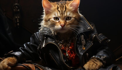 An effortlessly cool feline showcases its punk rock style, wearing a black jacket against a dark black backdrop. Based on Generative Ai.