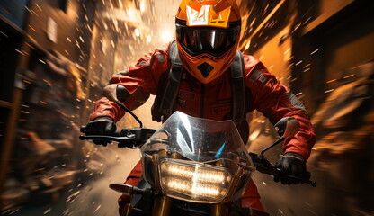 A thrilling perspective of a motorcyclist racing at high speed, capturing the adrenaline-fueled excitement of the ride. Based on Generative Ai.